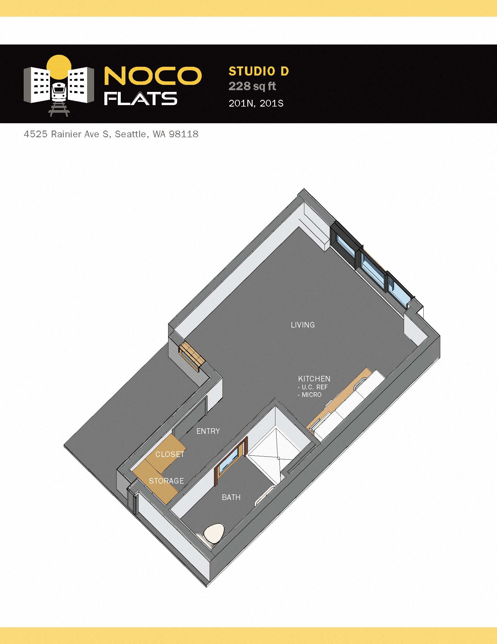 Floor plan for studio, 1 bath, 228 sqft